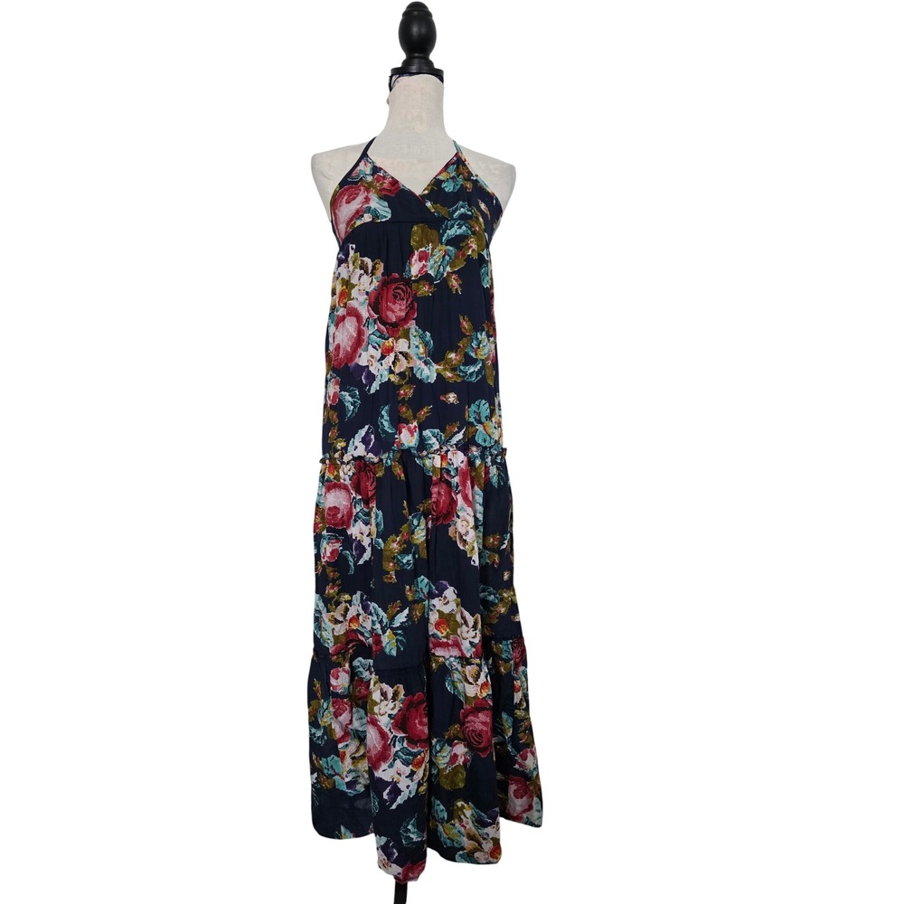 Royal Love Navy Blue Floral Halter Maxi Dress Smocked Back Tiered Cotton Size M